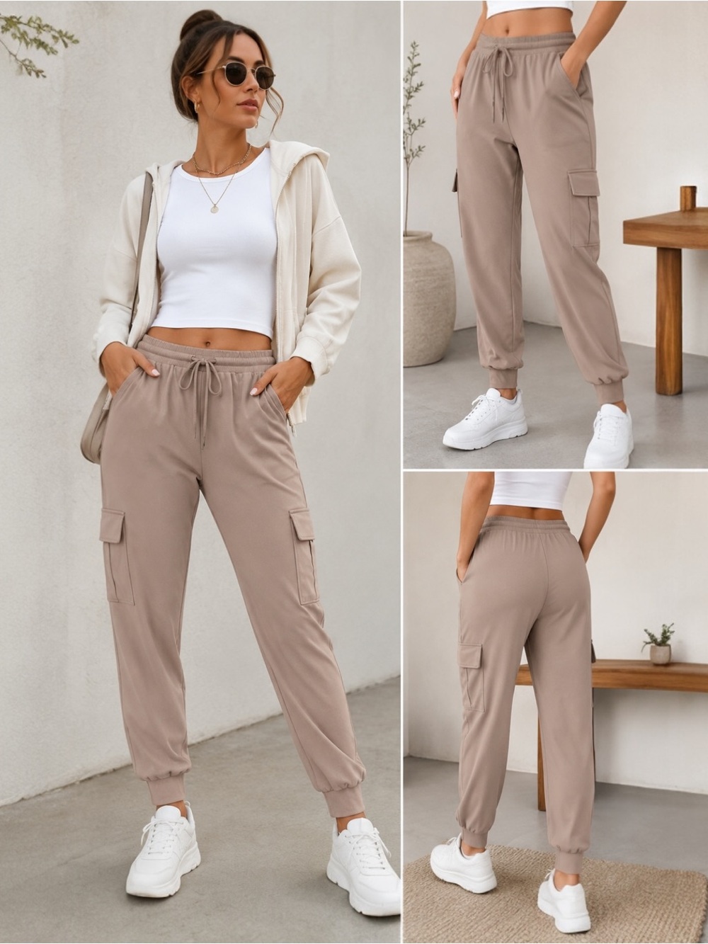 Rachel Zoe Mid-Rise Cargo Jogger Pants XL Taupe Beige Stretch Athleisure NWT